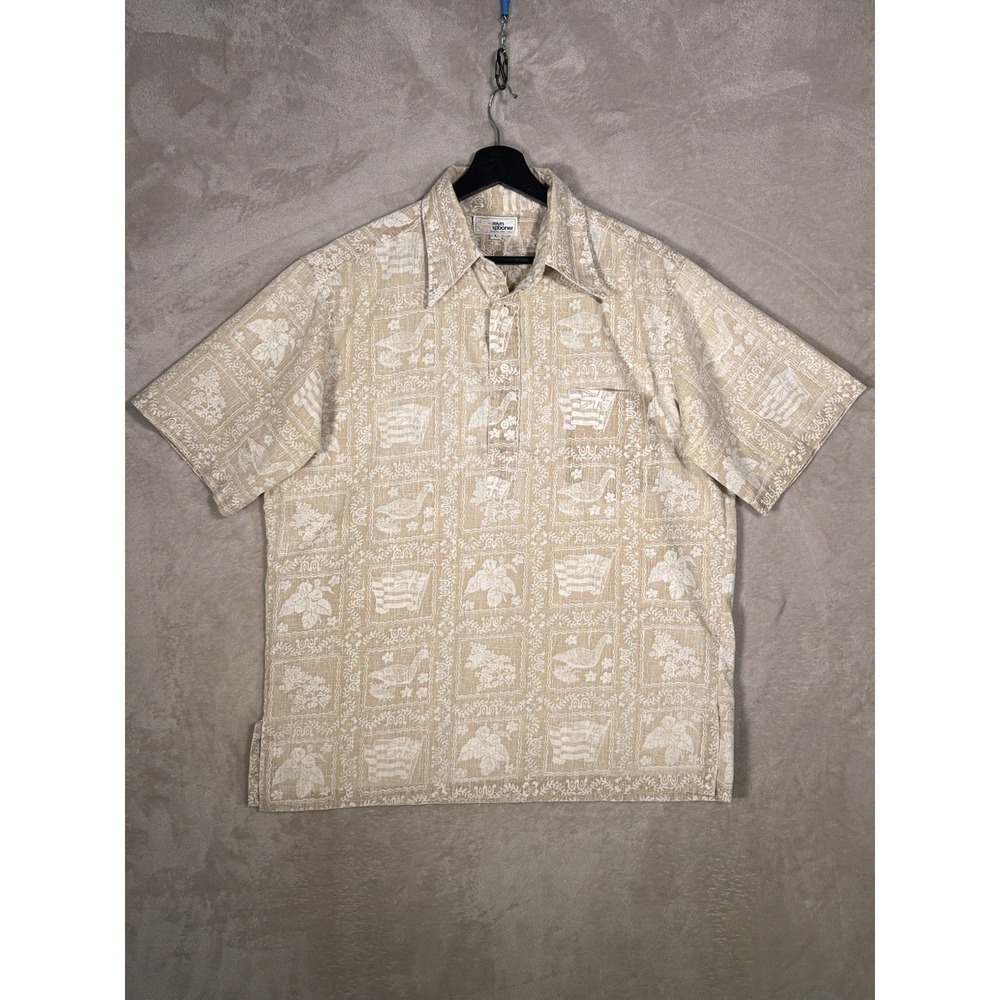 Reyn Spooner Aloha Reverse Print Shirt Mens Large Beige Hawaiian Heritage Tapa